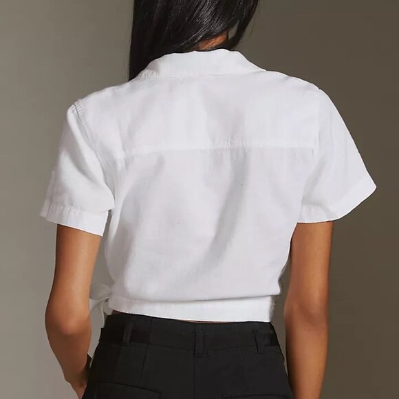 Anthropologie Cloth & Stone Wrap-Front White LinenCrop Top Small - Picture 2 of 8